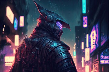 Fototapeta na wymiar graphic artwork in the style of digital art depicting a warrior from the future standing atop a building in a cyberpunk metropolis on a rainy night. - AI Generated