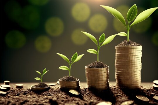 Money Growth On The Ground. Green Leaves Emerging From A Green Economy. Green Business Concept And Finance Success. Renewable Energy And Alternative Fuels. Future For The Climate Change. Generative AI