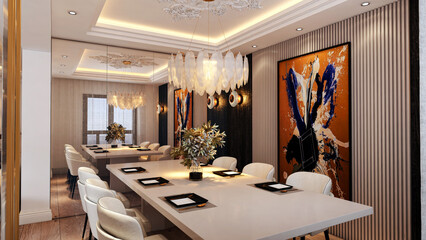 luxury hotel room, room, interior of a restaurant, dining room, dining table, dining room design, luxury dining room