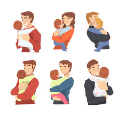 Man and Woman Character Holding Baby with Arms Nursing Him Vector Set