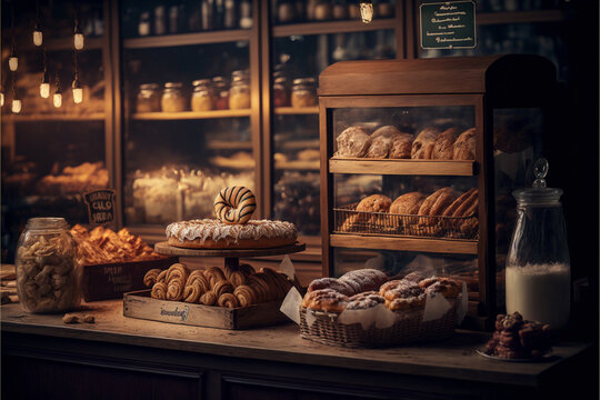 Bakery interior background. Bakery shop. Pastry shop. Generative AI.