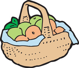 Tasty fresh fruits and vegetables in basket for healthy eating, vegan and vegetarian lifestyle. Garden harvest, market shopping, grocery store. Hand drawn illustration. Cartoon vintage vector drawing.