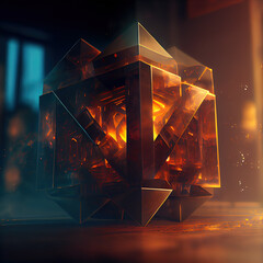 tetrahedron cubes  cyberpunk. abstract surreal geometric shape on dark background, multi-colored. ai generated
