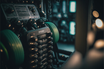 Fitness gym indoor backgound, with free weights, dumbbells, treadmills, generative ai.