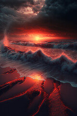 Dark red sunset over the ocean. Sea landscape. generative ai