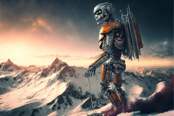 robot of the future hiking in the snowy mountains, generative ai.