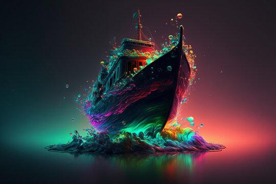 Rainbow Neon Yacht on big wave Ocean Crossing floating dimension in Cyber Space out of a Vortex Portal of a dream, magical geometric fantasy artwork Postproducted generative AI digital illustration.