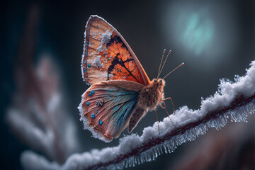 frozen butterfly, macro shot, on the frozen winter ground, generative ai.