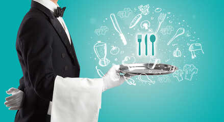 Waiter holding silver tray with food icons above