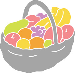 Tasty fresh fruits and vegetables in basket for healthy eating, vegan and vegetarian lifestyle. Garden harvest, market shopping, grocery store. Hand drawn illustration. Cartoon vintage vector drawing.