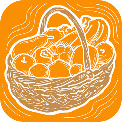Tasty fresh fruits and vegetables in basket for healthy eating, vegan and vegetarian lifestyle. Garden harvest, market shopping, grocery store. Hand drawn illustration. Cartoon vintage vector drawing.