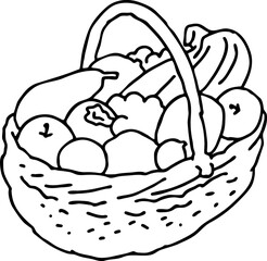 Tasty fresh fruits and vegetables in basket for healthy eating, vegan and vegetarian lifestyle. Garden harvest, market shopping, grocery store. Hand drawn illustration. Cartoon vintage vector drawing.
