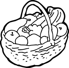 Tasty fresh fruits and vegetables in basket for healthy eating, vegan and vegetarian lifestyle. Garden harvest, market shopping, grocery store. Hand drawn illustration. Cartoon vintage vector drawing.
