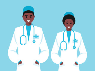 Male and female doctors on blue background. Man and woman profession characters. Vector graphics