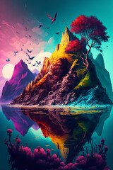 Fototapeta na wymiar Fantasy tree landscape mountain lake rgb colourful beautiful nature