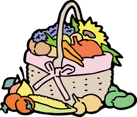 Tasty fresh fruits and vegetables in basket for healthy eating, vegan and vegetarian lifestyle. Garden harvest, market shopping, grocery store. Hand drawn illustration. Cartoon vintage vector drawing.