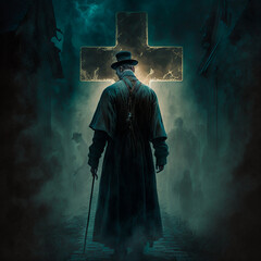 Victorian exorcist with a cane GENERATIVE AI, GENERATIVE, AI - obrazy, fototapety, plakaty