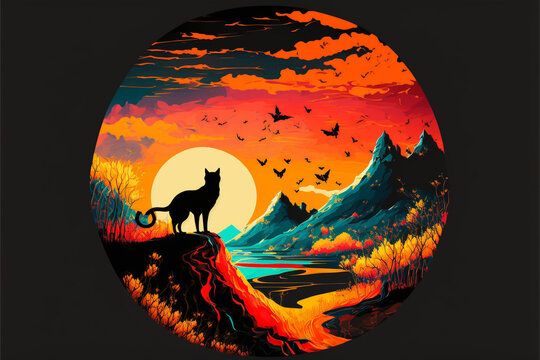 Painting silhouette cat art mountain skyview sunset nature beautiful
