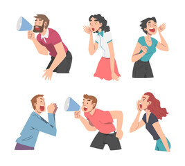 Man and Woman Character with Wide Open Mouth Shouting or Screaming Loud Holding Hand Near Mouth Vector Set