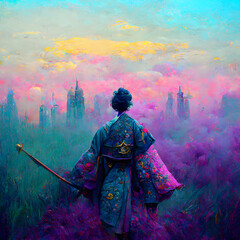 Obraz premium illustration of a samurai watching the horizon, modern watercolor design