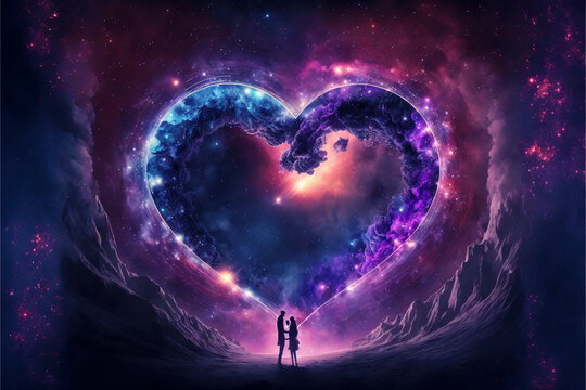 A heart-shaped display in the indigo cosmos for a magical Valentine's Day - Generative Ai