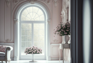 Fototapeta na wymiar ピンクの花が飾られた白い部屋, Generative AI