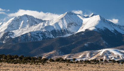 Several high mountain snow capped peaks including Mount Blanca make up the dramatic Sierra Blanca...