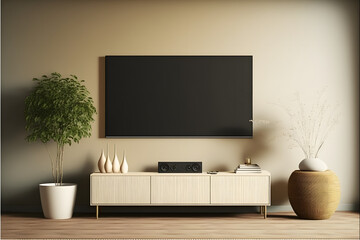 Smart TV on the cream color wall in living room,minimal design.