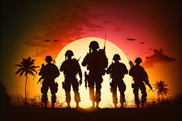 Military (Army, Marines, Navy, Air Force) Veterans. Soldiers at sunset silhouettes.