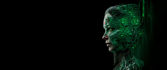 robotic woman's head with connections and virtual nodes on black background with copy space. Generated by ia