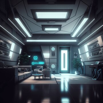 Beautiful high-tech interior in bright colors with light from the window. Future Room - 3D Illustration