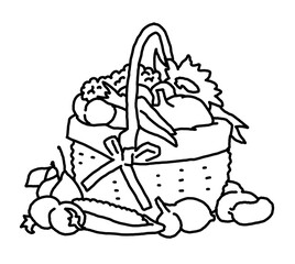 Tasty fresh fruits and vegetables in basket for healthy eating, vegan and vegetarian lifestyle. Garden harvest, market shopping, grocery store. Hand drawn illustration. Cartoon retro vintage drawing.