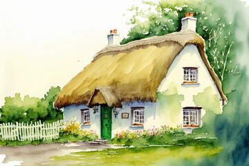 Saint Patrick's Day traditional Irish cottage with a thatched roof, watercolor, generative AI - obrazy, fototapety, plakaty