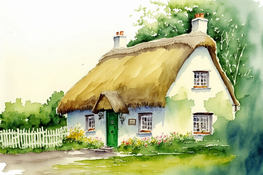 Saint Patrick's Day traditional Irish cottage with a thatched roof, watercolor, generative AI