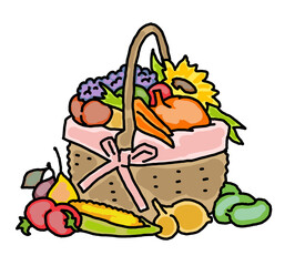 Tasty fresh fruits and vegetables in basket for healthy eating, vegan and vegetarian lifestyle. Garden harvest, market shopping, grocery store. Hand drawn illustration. Cartoon retro vintage drawing.