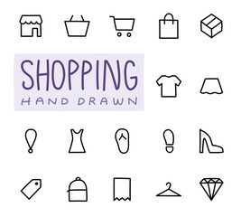 Vector Hand Drawn Outlined Shopping Icons Set