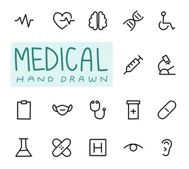 Vector Hand Drawn Outlined Medical Icons Set