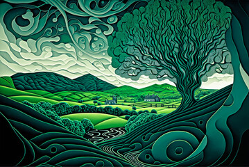 Irish landscape, tree, stylized art. Generative AI