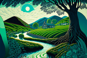Irish landscape, stylized art. Generative AI