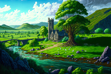 Irish landscape, fantasy, old church and bridge ruins. Generative AI - obrazy, fototapety, plakaty