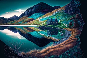 Foto op Plexiglas Blauwgroen Irish landscape, fantasy, farmhouse, lake. Generative AI