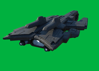Space Ship on Green Screen Background - Rear View, 3d digitally rendered science fiction illustration