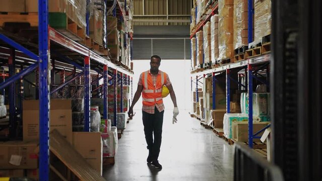 African American worker inspecting goods placed on shelf in warehouse, warehousing, distribution, transport
