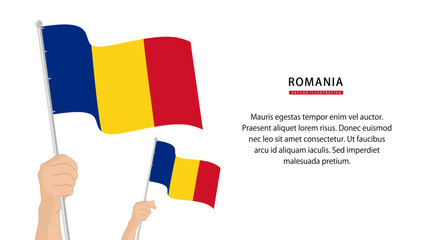 Hand holding Romania flag. Illustration in flat style. Waving flag of Romania isolated. vector illustration