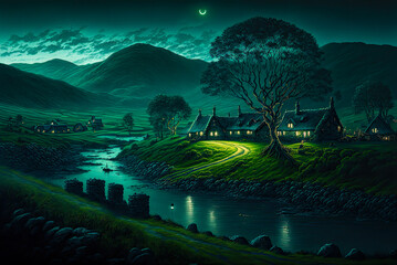 Irish landscape, night, moon, houses on river. Generative AI - obrazy, fototapety, plakaty