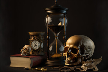 Memento Mori symbolism. Skull on desk with hour glass and clock