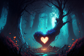 A green forest meadow with a colorful heart radiating light beams, magic lights - Valentine's Day - Generative Ai