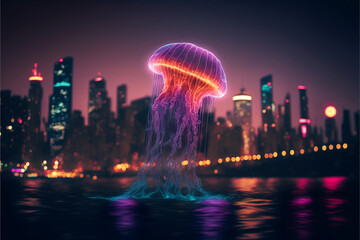 Obraz premium Jellyfish over neon city