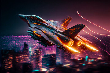 Supersonic Jet Airborne. Future Space. Neon Lights. Motion Photography. 