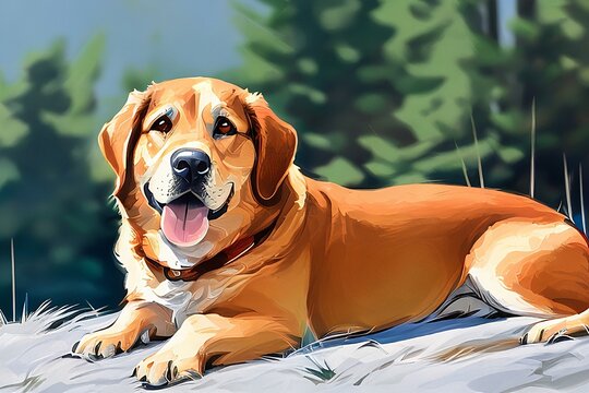golden retriever puppy on grass oil painting style, generated with artificial intelligence